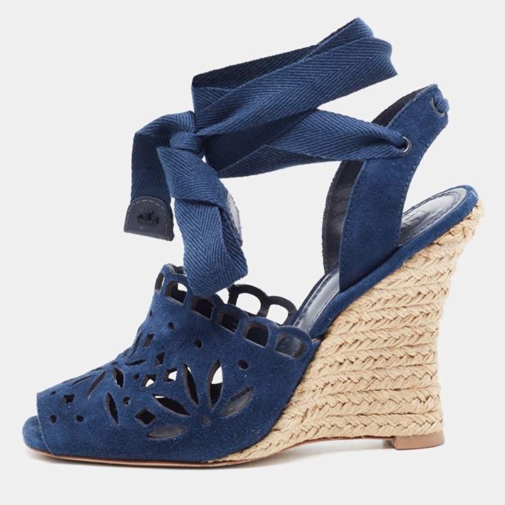 Tory Burch Blue Wedge Sandals with Cut-Out Design